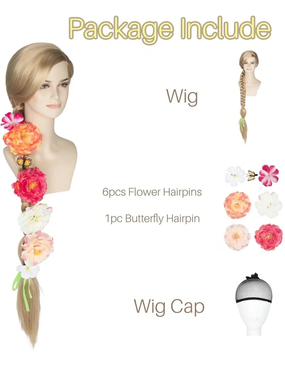 NWT Blonde 47” Floral Braided Wig with Flower Clips